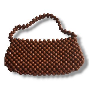 Womens Vintage Cache Brown Wooden Beaded  Lined Purse Clutch Purse